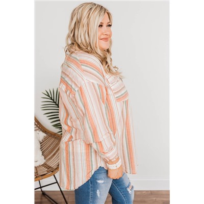 Orange Plus Size Striped Shirt with Chest Pockets