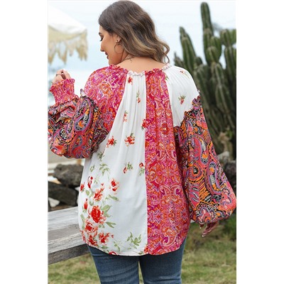 Pink Multicolor Floral Patchwork Shirred Cuffs Buttoned Blouse