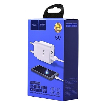 Адаптер Сетевой с кабелем Hoco C62A Victoria 2USB 2,1A/10W (USB/Type-C) (white)