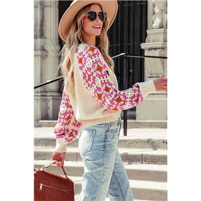 Rose Crochet Puff Sleeve Contrast Knit Sweater