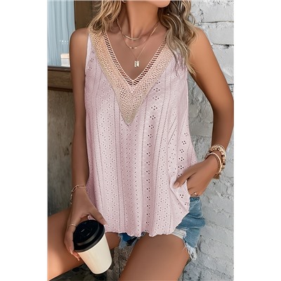 Apricot Pink Lace Crochet Splicing V Neck Loose Fit Tank Top