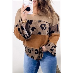 Light French Beige Plus Size Leopard Colorblock Patchwork Wide Sleeve Top