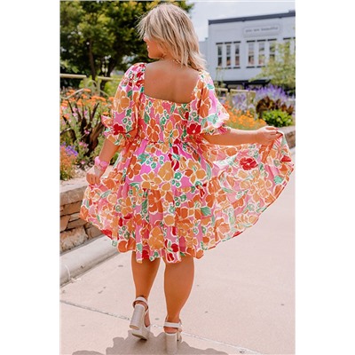 Pink Plus Size Floral Print Smocked Ruffle Tiered Dress