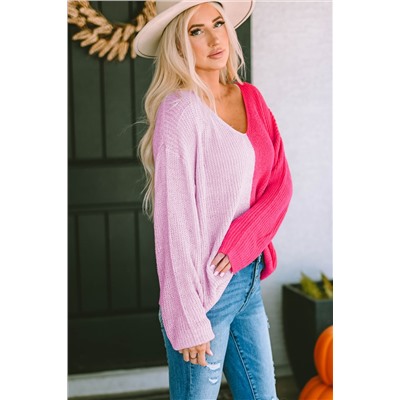 Pink Long Sleeve V-Neck Colorblock Sweater