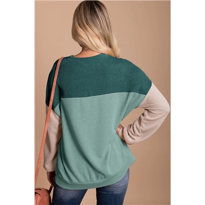 Green Color Block Long Sleeve Ribbed Loose Top