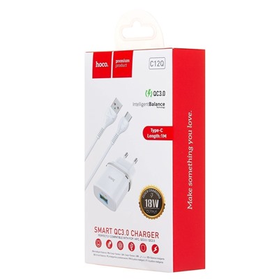 Адаптер Сетевой с кабелем Hoco C12Q QC3.0 (повр. уп.) USB 3A/18W (USB/Type-C) (white)