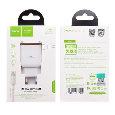 Адаптер Сетевой с кабелем Hoco C59A Mega Joy 2USB 2,4A/10W (USB/Lightning) (white)