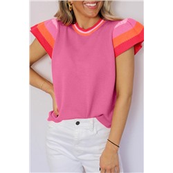 Bright Pink Contrast Flutter Sleeves Knitted Sweater T Shirt