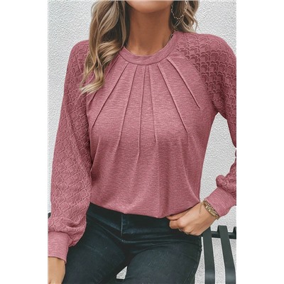 Rose Pink Contrast Lace Raglan Sleeve Plicate Round Neck Top