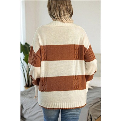 Stripes Collared Neck Corded Sweater