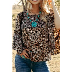 Chestnut Leopard Print Ruffle Wide Sleeve Blouse