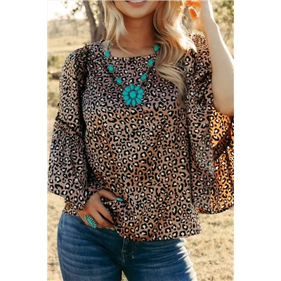 Chestnut Leopard Print Ruffle Wide Sleeve Blouse