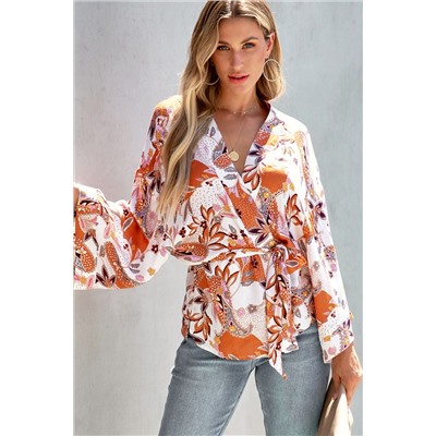 Orange Floral Wrap Kimono Blouse