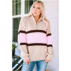 Apricot Striped Color Block Knit Zip Collared Sweater