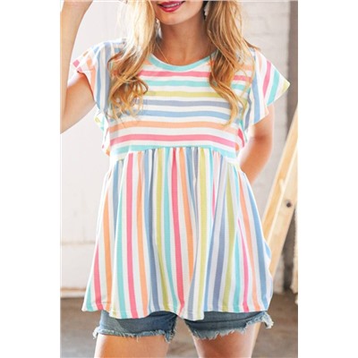 Multicolor Stripe Print Textured Knit Babydoll Blouse