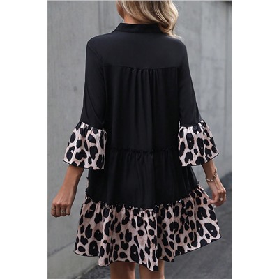 Black Leopard Patchwork Split Neck Ruffle Curvy Dress