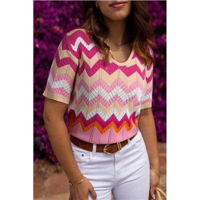 Pink Stripe Chevron Pointelle Knit V Neck Short Sleeve Sweater