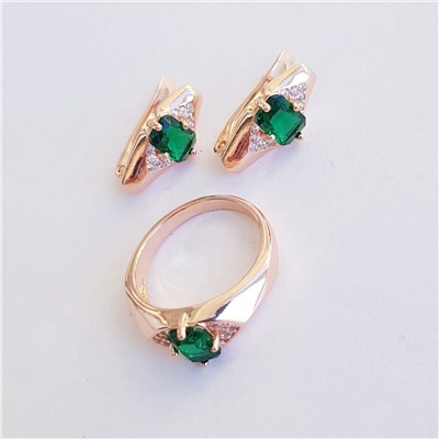Комплект коллекция "Дубай", покрытие позолота с камнем, цвет зеленый серьги, кольцо р-р 18, Е6167, арт.747.947