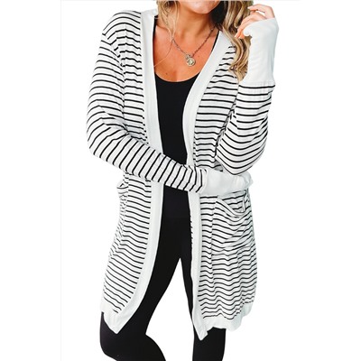 White Striped Side Pockets Open Front Cardigan