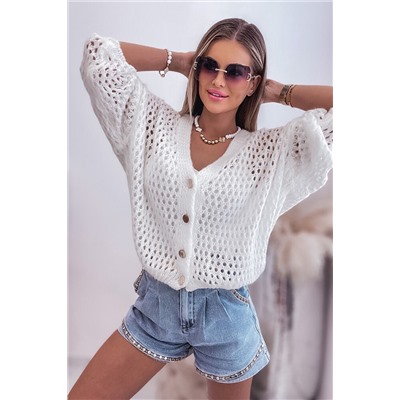 White Hollowed Knit Dolman Sleeve Sweater Cardigan