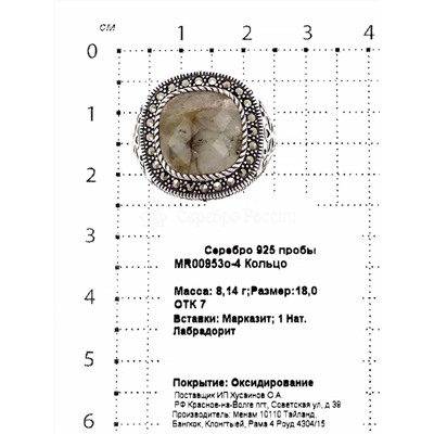 Кольцо из чернёного серебра с нат.лабрадоритом и марказитами
