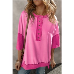 Rose Red Contrast Color Patchwork Half Button T Shirt