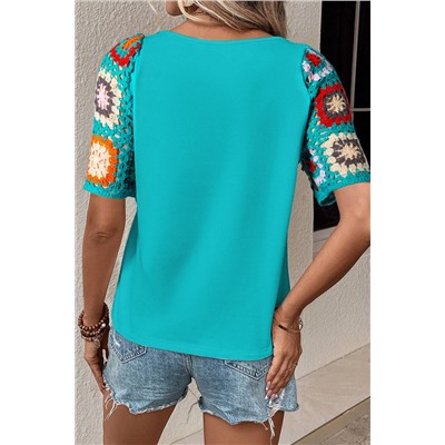 Turquoise Floral Crochet Short Sleeve Top