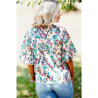 Light Blue Abstract Print Puff Sleeve Mock Neck Blouse