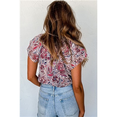 White Floral Ruffled Short Sleeve V Neck Blouse