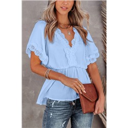 Sky Blue Lace Splicing V Neck Short Sleeve Blouse