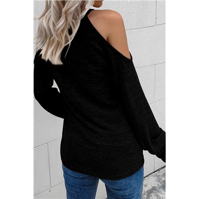 Black Marble Knit Cold Shoulder Long Sleeve Top