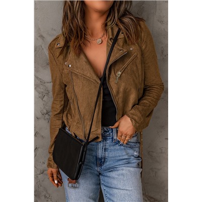 Brown Vegan Suede Zip Detail Moto Jacket