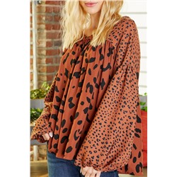 Brown Contrast Leopard Print Bubble Sleeve Blouse