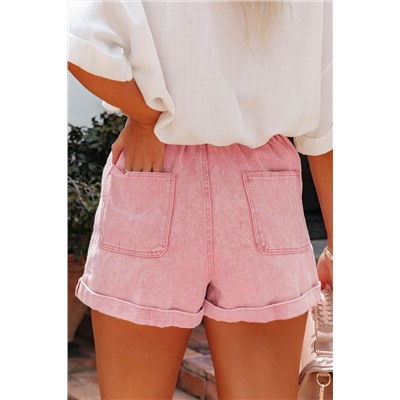 Dusty Pink Vintage Washed Frilled High Waist Denim Shorts