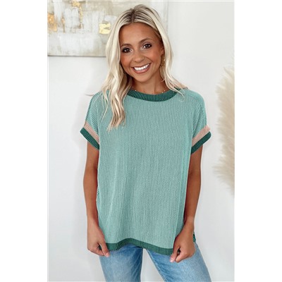 Grass Green Textured Contrast Trim Round Neck T Shirt