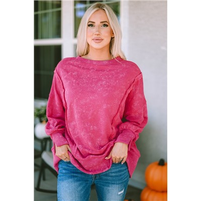 Rose Acid Wash Relaxed Fit Seamed Pullover Sweatshirt with Slits