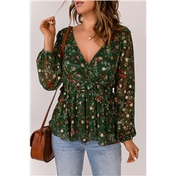 Green Floral Print Wrap V Neck Peplum Top