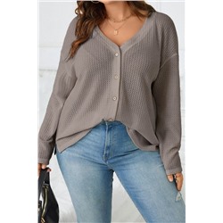 Simply Taupe Waffle Knit Drop Shoulder Button V Neck Plus Size Top