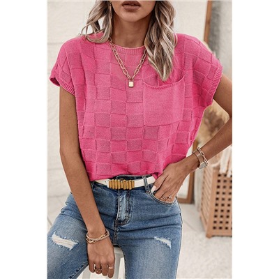 Bright Pink Lattice Textured Knit Short Sleeve Sweater