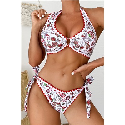 Red Floral Halter O-Ring Backless Knot Bikini Set