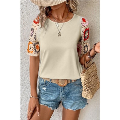 Parchment Floral Crochet Short Sleeve Top