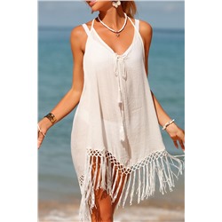 White Tasseled Hem Backless Halter Beach Dress