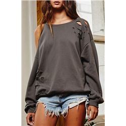 Medium Grey Distressed Asymmetric Cold Shoulder Pullover