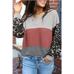 Red Wild Leopard Contrast Sleeve Colorblock Waffle Knit Top