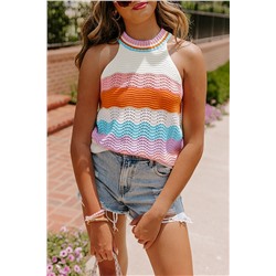 Multicolour Wavy Striped Print Textured Knit Sleeveless Sweater Top