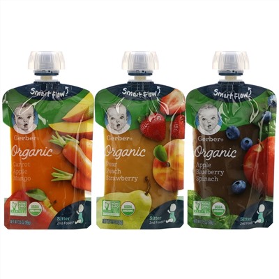 Gerber, Organic, экономичная упаковка, «Груша, персик и клубника», «Морковь, яблоко и манго», «Яблоко, черника и шпинат», 9 пакетиков, 99 г (3,5 унции) в каждом