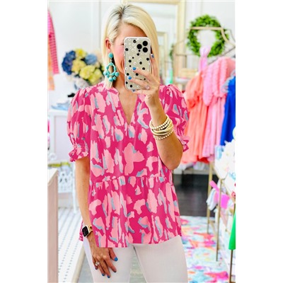 Rose Abstract Print Smocked Puff Sleeve V Neck Blouse