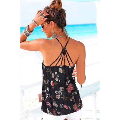 Black Floral Spaghetti Straps Strappy Back Tank Top