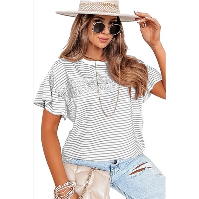 Light Grey Striped Lace Splicing Ruffle Sleeve T-shirt