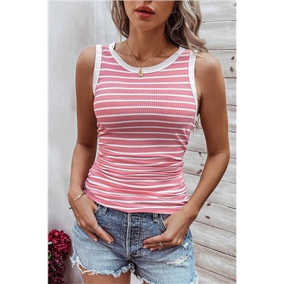 Pink Stripe Contrast Round Neck Sleeveless Slim Top